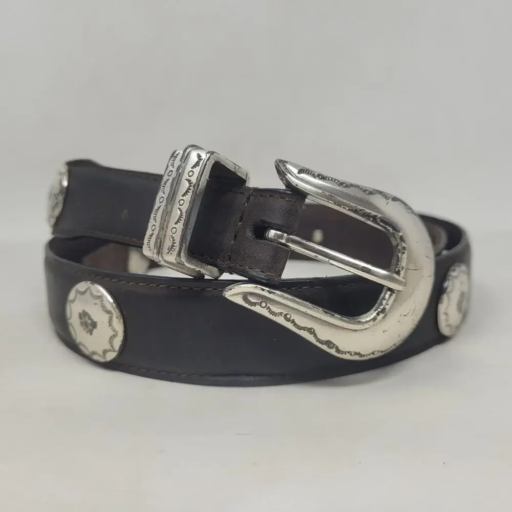 Brown Leather Belt Mens 44 Western Concho Silver Buckle Studded Cowboy Rodeo‎